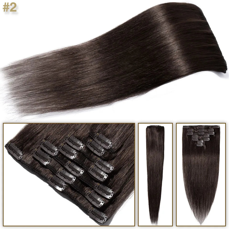 S-noilite 7Pcs/Set Clip In Hair Extensions Human Hair Natural Extension Hair Clips 15"-22" Thin Full Head Clip In Natural Hair