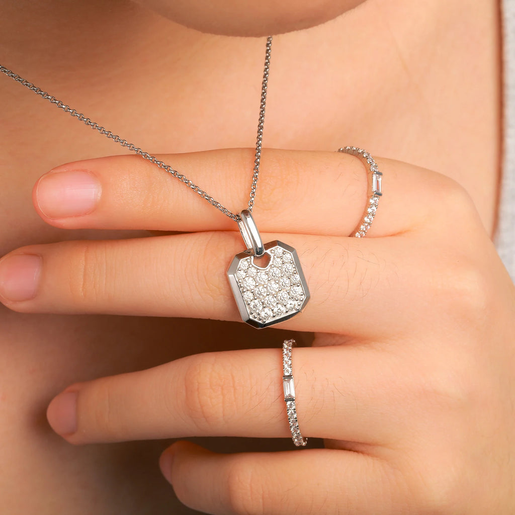 Streamline Tag With Pave Moissanite Diamonds Tag Pendant Real 925 Sterling Silver For Women Men Fine Jewelry Accessories Gift