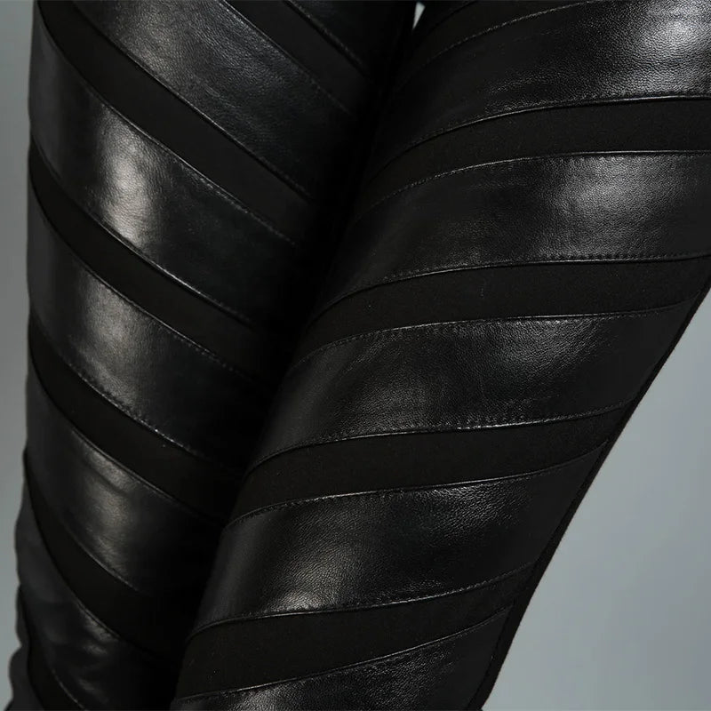 OL Style 100% Sheepskin Pants Women Streetwear Elastic High Waist Pencil Pants Genuine Leather Black Party Trousers Female