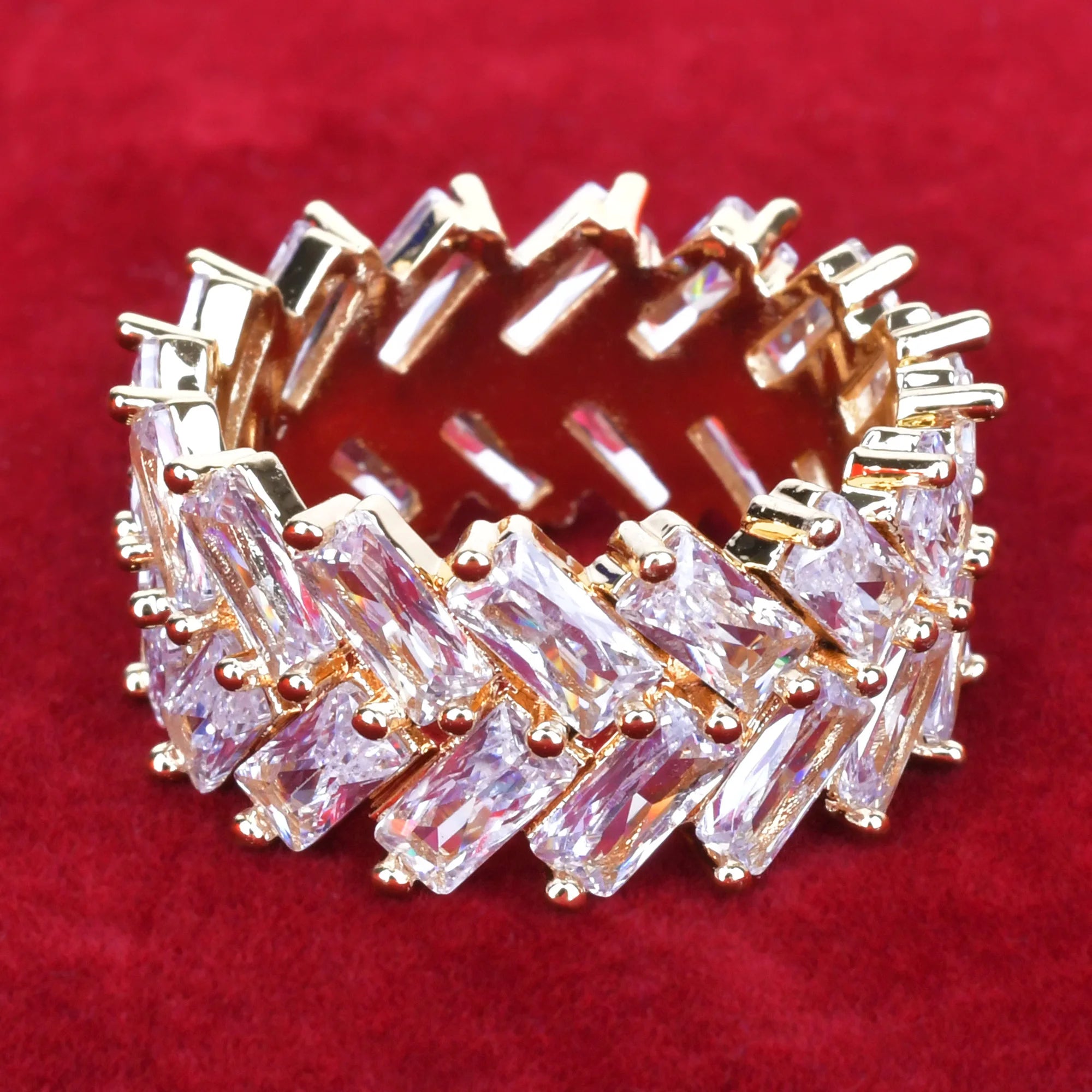 2 Row Baguette Zircon Men's Ring Copper Charms Gold Color Fashion Hip Hop Rock Jewelry
