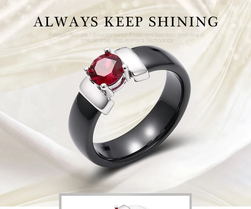 6mm White Black Ceramic Rings Plus Red Cubic Zirconia For Women Gold Color Stainless Steel Women Wedding Ring Engagement Jewelry