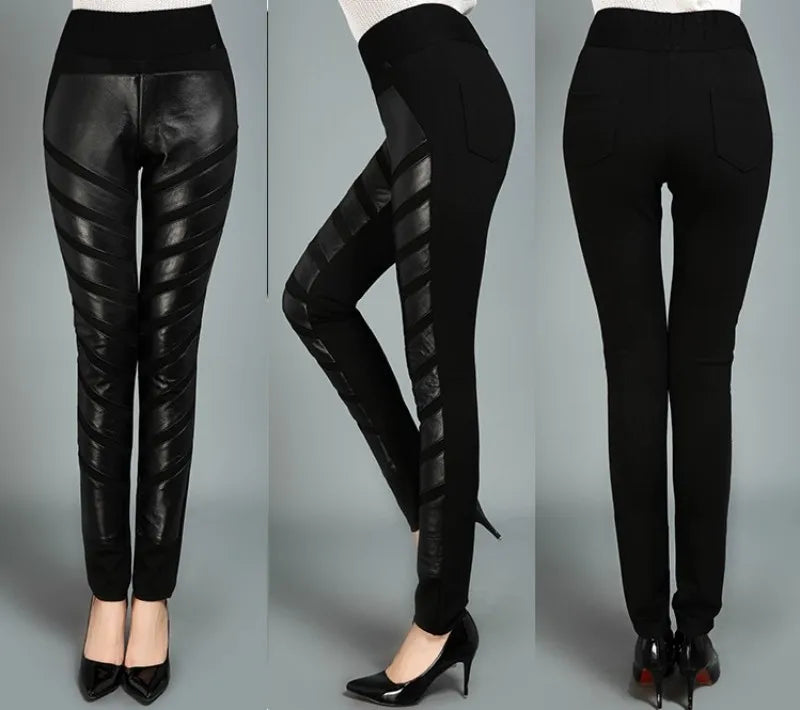 OL Style 100% Sheepskin Pants Women Streetwear Elastic High Waist Pencil Pants Genuine Leather Black Party Trousers Female