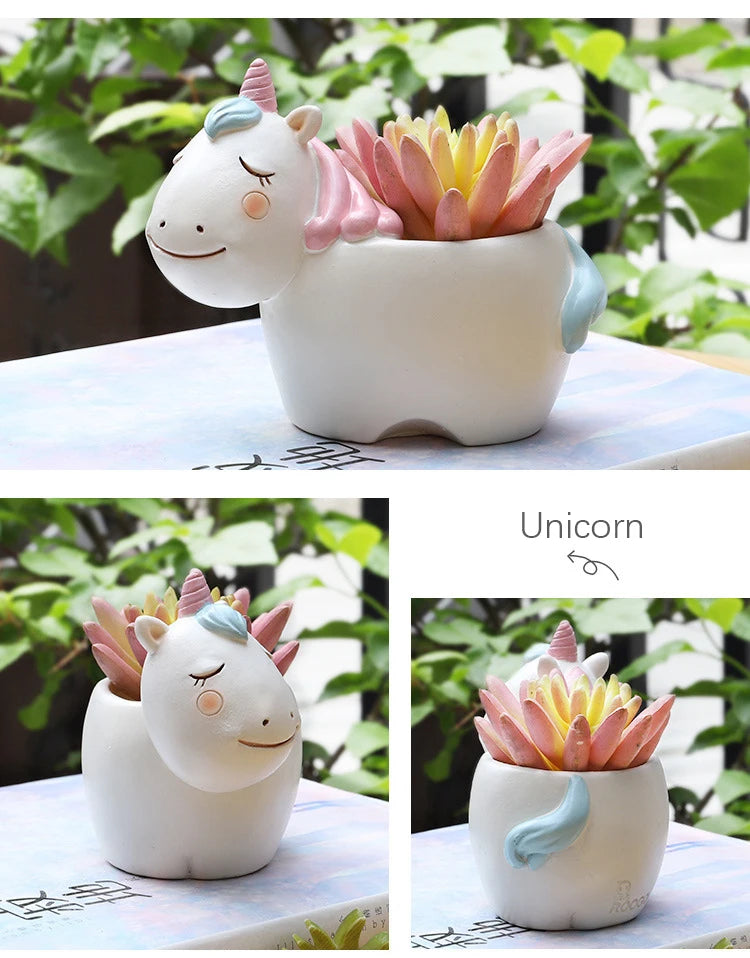 Cartoon Animal Flower Pot for Succulents Cactus Plants, Unicorn Elephant Bear Fairy Garden Figurine, Home Tabletop Decor