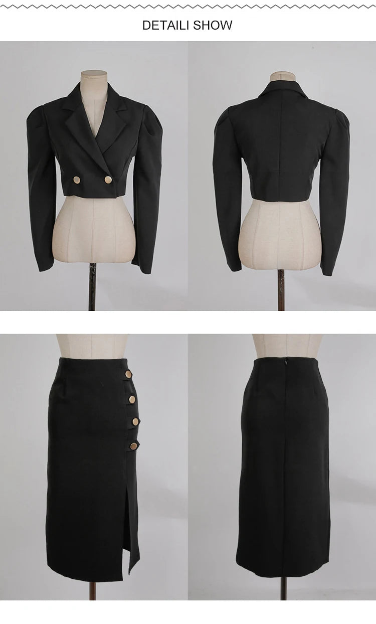 New Spring Autumn Black Formal Sexy 2 Piece Outfit Short Set Women Ladies Clothes Cropped Suit Blazer Coat High Waist Slit Skirt