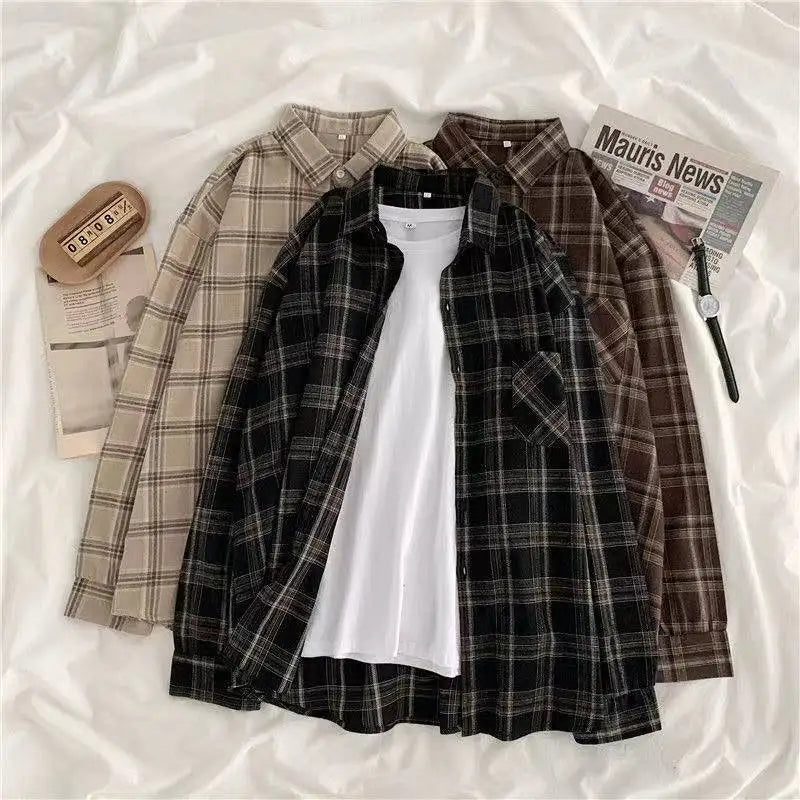 MEXZT Vintage Oversized Plaid Shirts Women Streetwear Long Sleeve Blouses Harajuku Korean Pocket Loose Casual All Match Tops New