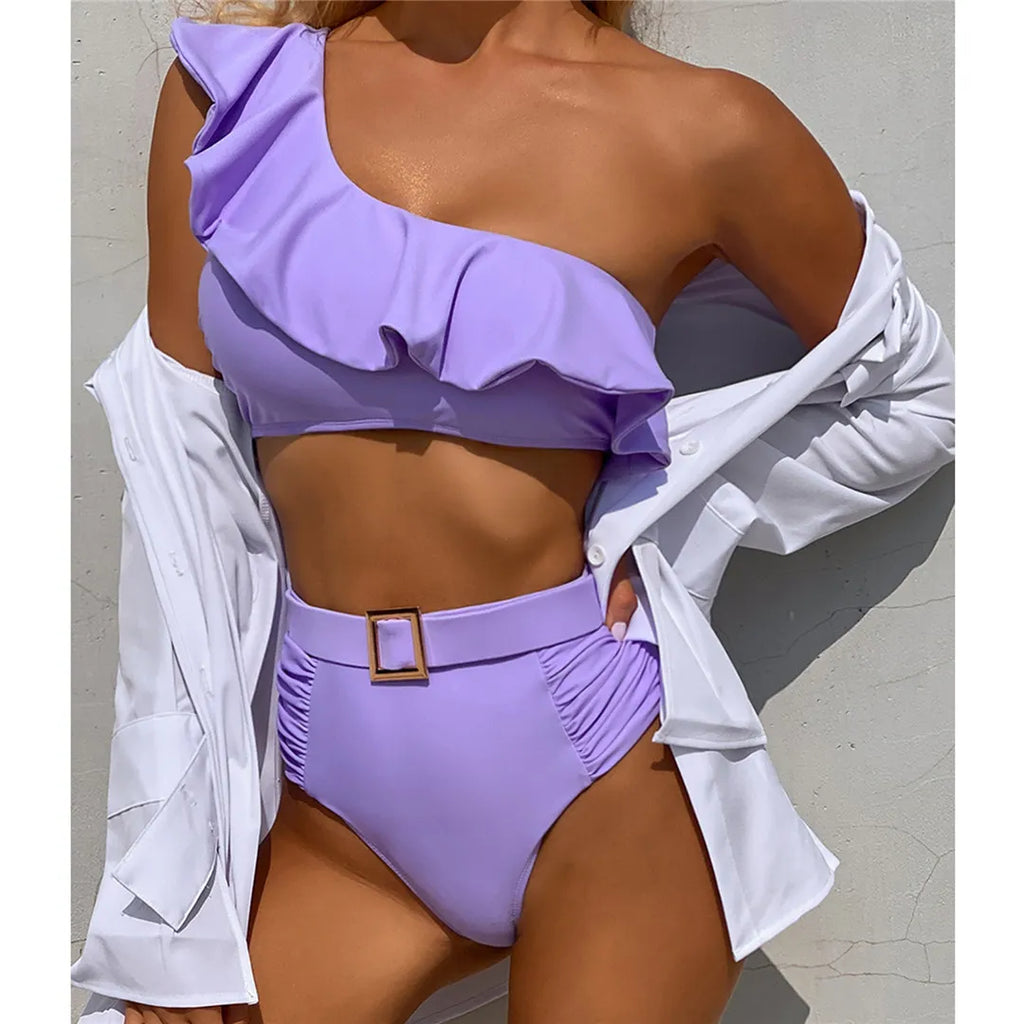 One Shoulder Ruffled Female Swimsuit High Waist Bikini Women Swimwear Two-pieces Bikini set Belt Bather Bathing Suit Swim K2866C