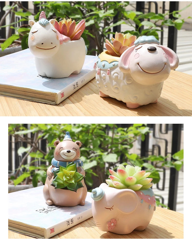 Cartoon Animal Flower Pot for Succulents Cactus Plants, Unicorn Elephant Bear Fairy Garden Figurine, Home Tabletop Decor