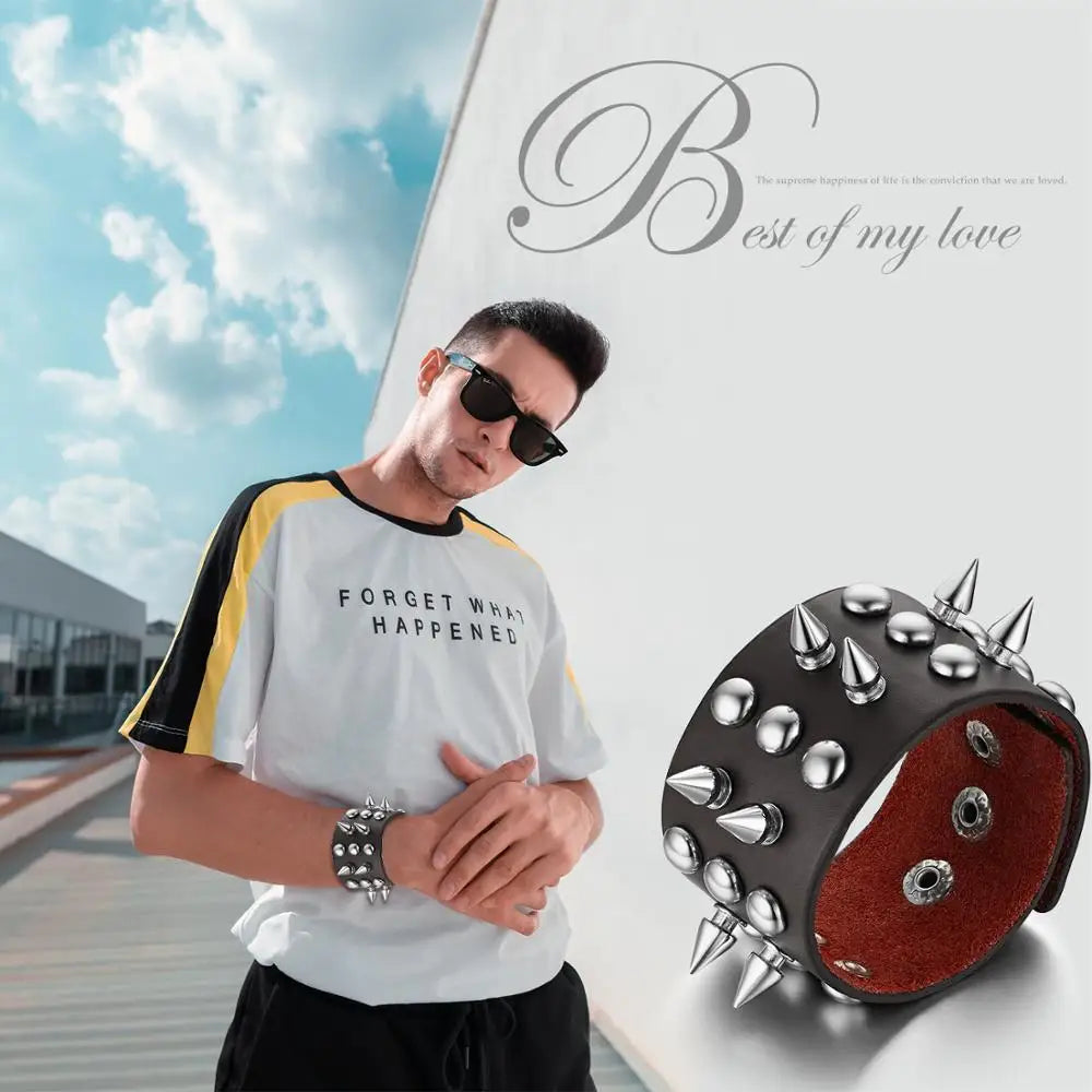 BONISKISS 2020 New Arrival Punk Gothic Rock Cuspidal Spikes Rivet Cone Stud Wide Leather Cuff Bracelet Bangle men jewelry