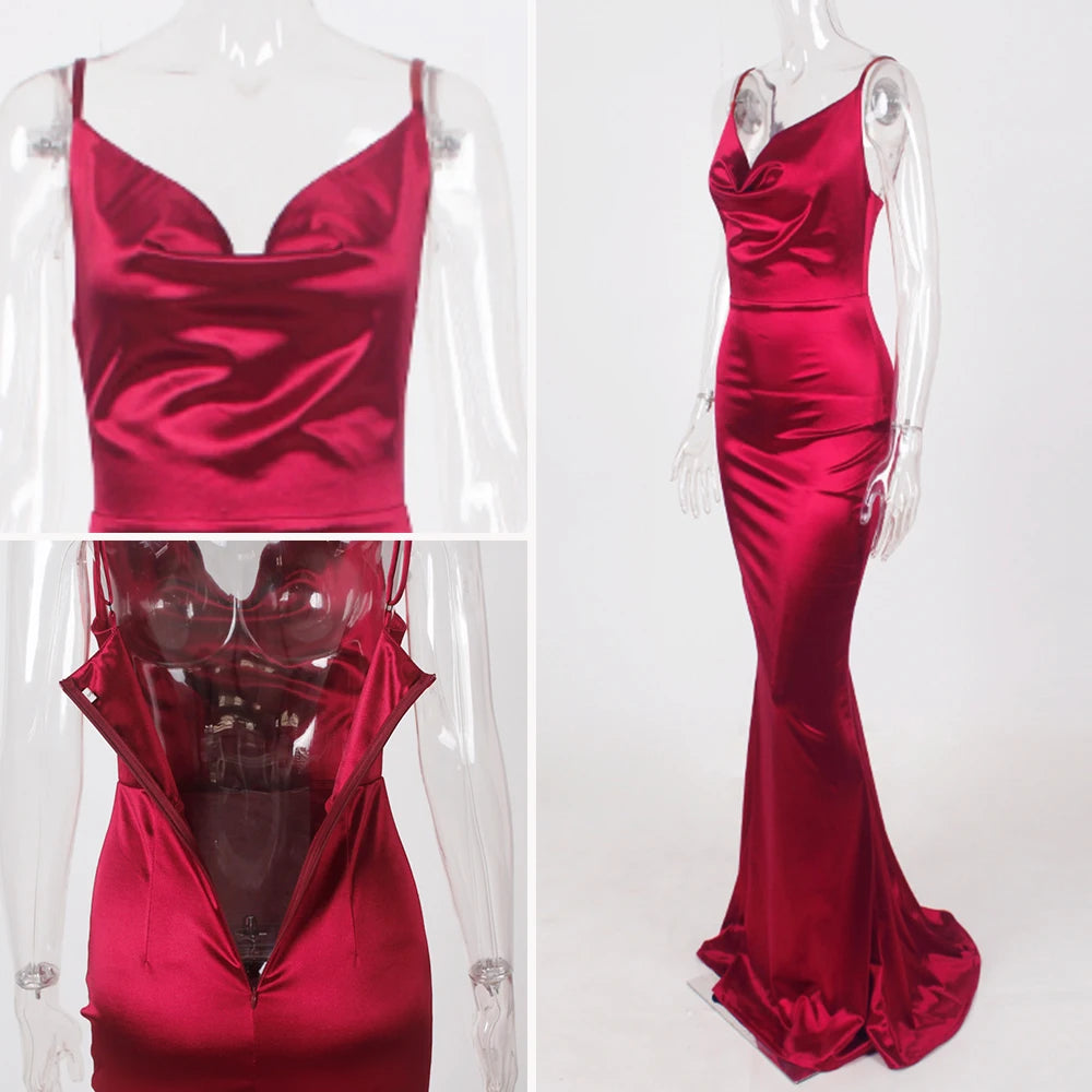 Romagic Green Cowl Neck Evening Dress Backless Long Luxury Stretchy Satin Sexy Burgundy Wedding Party Dresses Summer