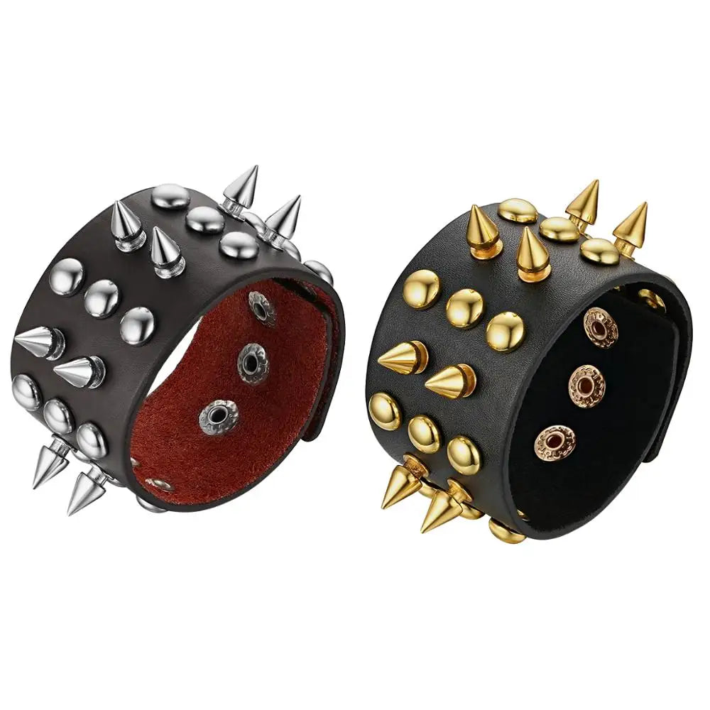 BONISKISS 2020 New Arrival Punk Gothic Rock Cuspidal Spikes Rivet Cone Stud Wide Leather Cuff Bracelet Bangle men jewelry