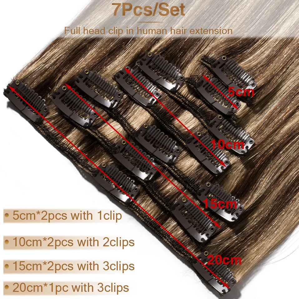 S-noilite 7Pcs/Set Clip In Hair Extensions Human Hair Natural Extension Hair Clips 15"-22" Thin Full Head Clip In Natural Hair