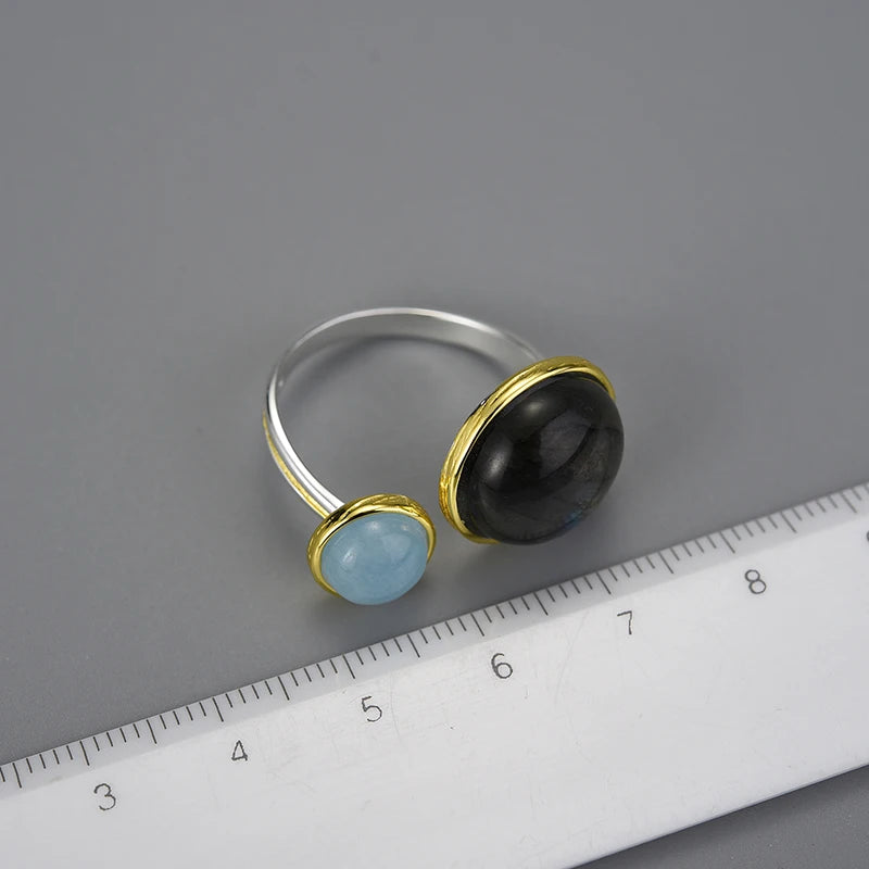 Lotus Fun Real 925 Sterling Silver Natural Labradorite Moonlight Gemstones Ring Fine Jewelry Mysterious Lake Rings for Women