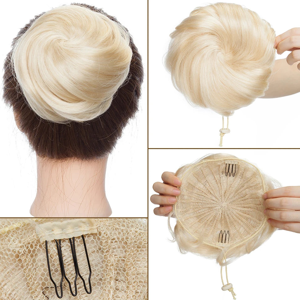 S-noilite 30g Hair Bun Curly Or Straight Chignon 100% Human Hair Donut Hairpiece Brown Blonde Headwear Wrap On Elastic Scrunchie