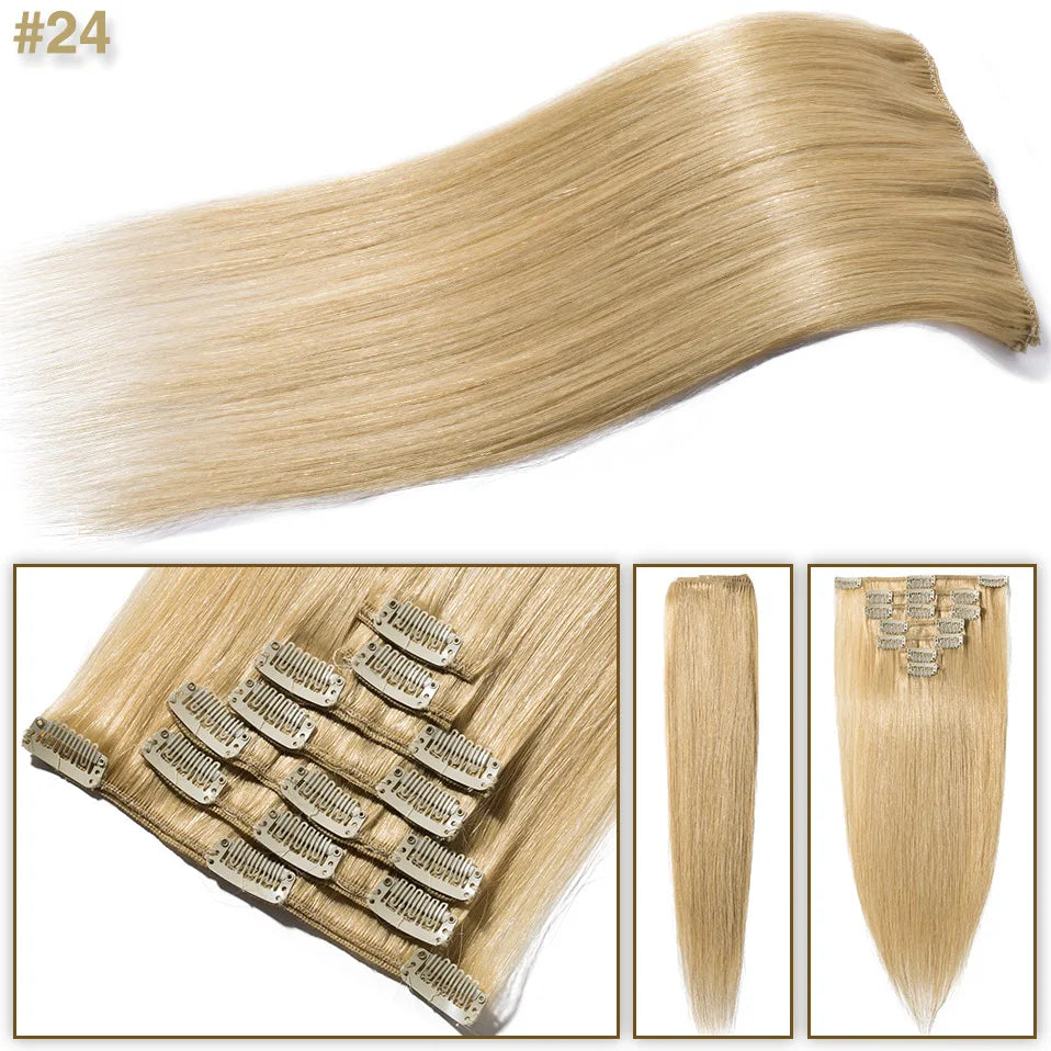 S-noilite 7Pcs/Set Clip In Hair Extensions Human Hair Natural Extension Hair Clips 15"-22" Thin Full Head Clip In Natural Hair
