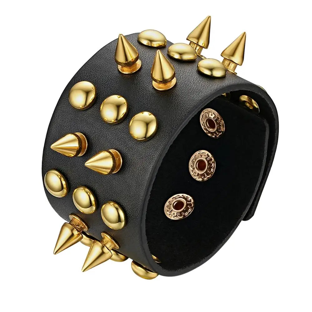 BONISKISS 2020 New Arrival Punk Gothic Rock Cuspidal Spikes Rivet Cone Stud Wide Leather Cuff Bracelet Bangle men jewelry