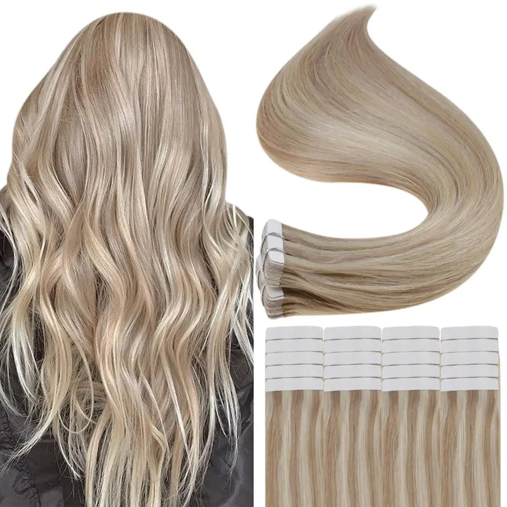 Full Shine Tape in Human Hair Extensions 20pcs Adhesive Skin Weft Pure Solid Color Glue on Woman Hair Machine Made Remy
