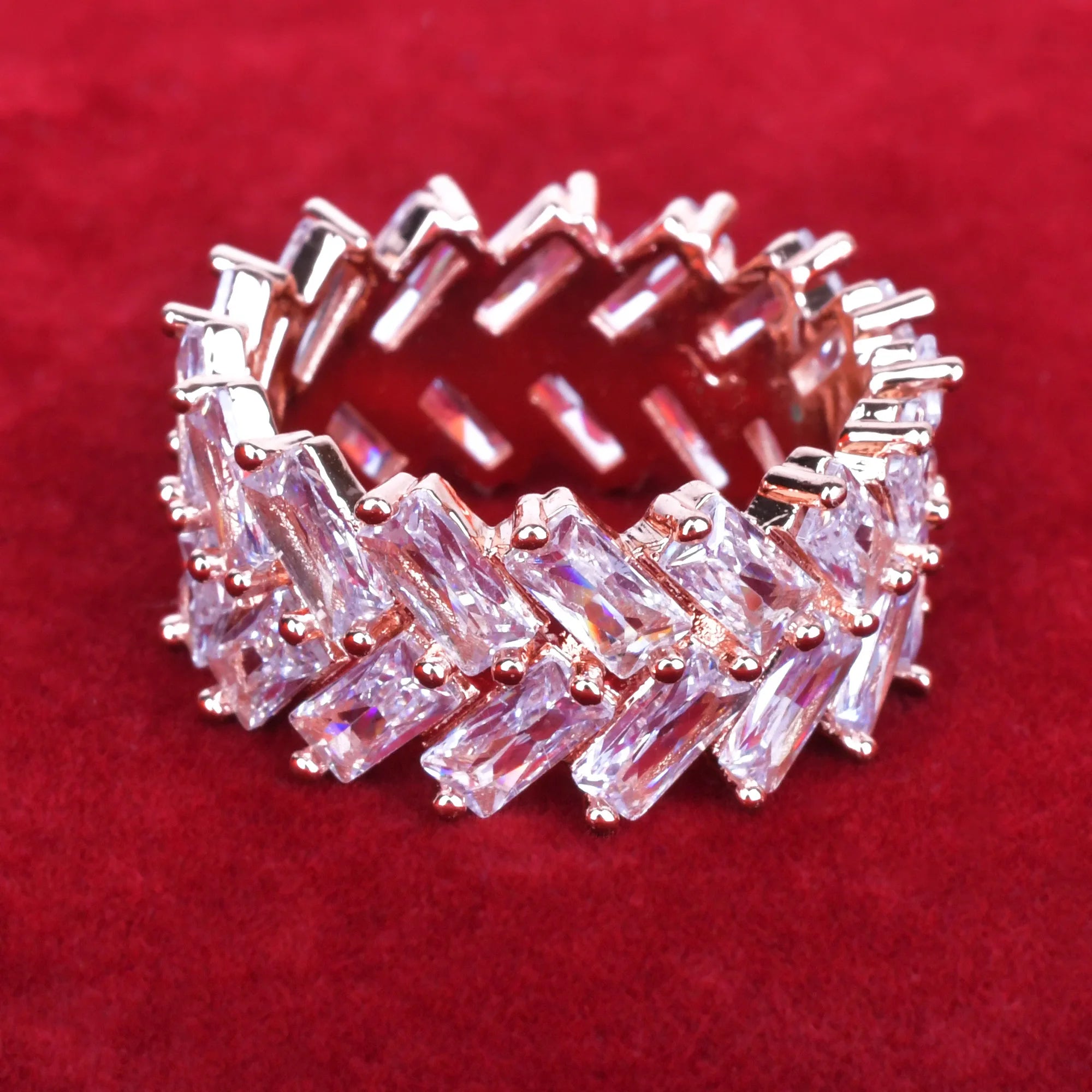 2 Row Baguette Zircon Men's Ring Copper Charms Gold Color Fashion Hip Hop Rock Jewelry