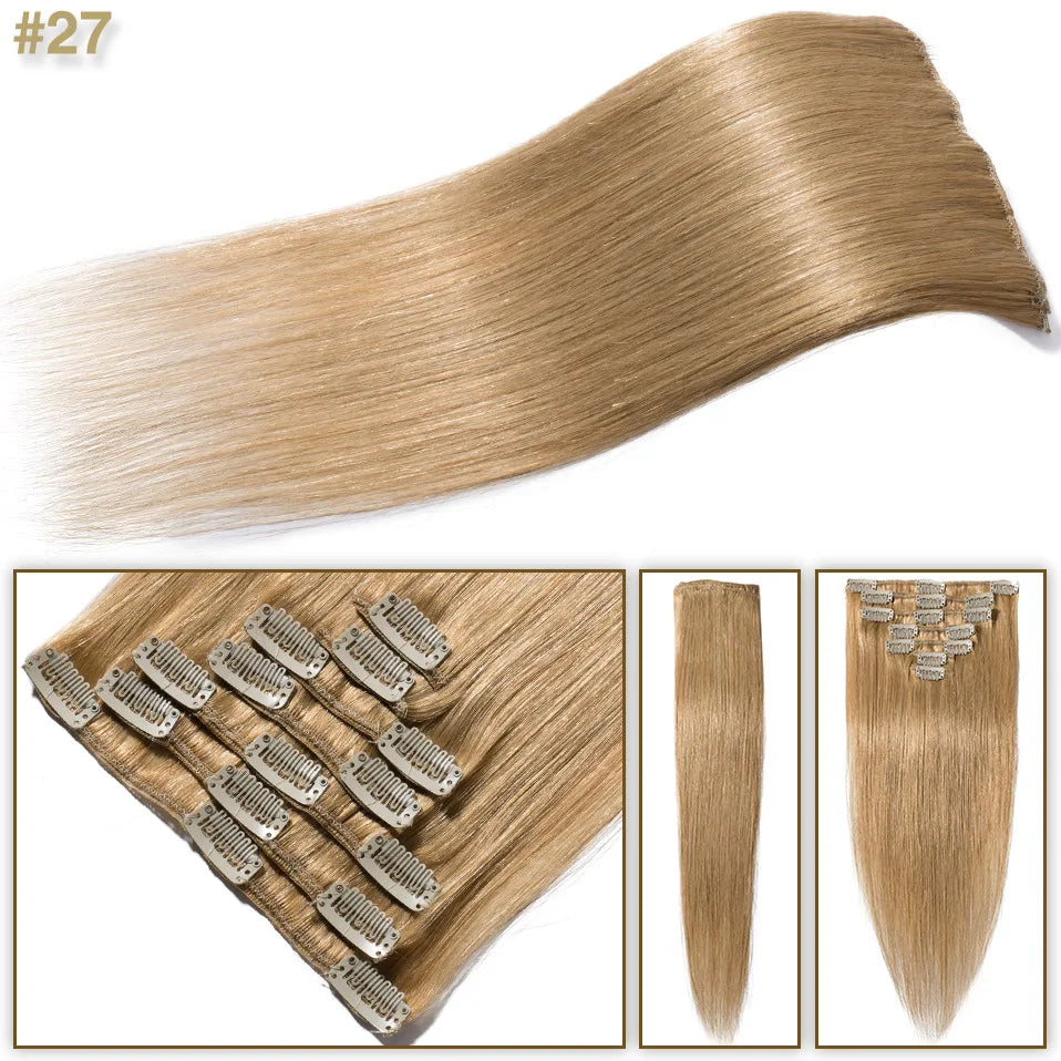 S-noilite 7Pcs/Set Clip In Hair Extensions Human Hair Natural Extension Hair Clips 15"-22" Thin Full Head Clip In Natural Hair