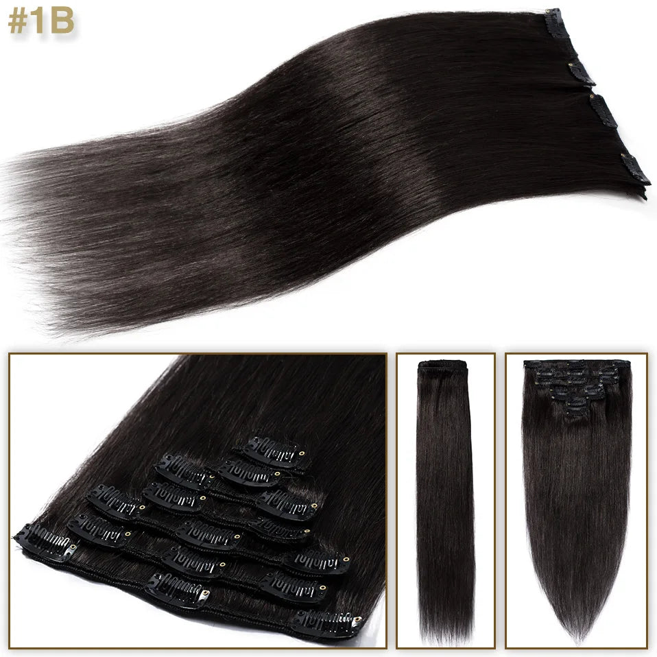 S-noilite 7Pcs/Set Clip In Hair Extensions Human Hair Natural Extension Hair Clips 15"-22" Thin Full Head Clip In Natural Hair