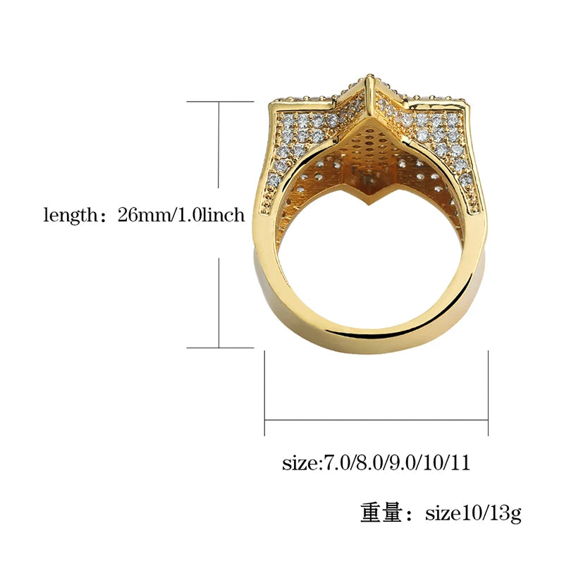 New Iced Out Hexagon Star Rings For Men/Women Micro Paved Gold Silver Color Finish Cubic Zircon Charm Hip Hop Jewelry Ring Gift