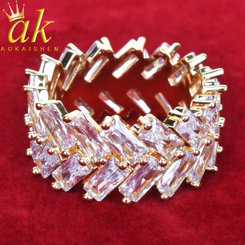 2 Row Baguette Zircon Men's Ring Copper Charms Gold Color Fashion Hip Hop Rock Jewelry
