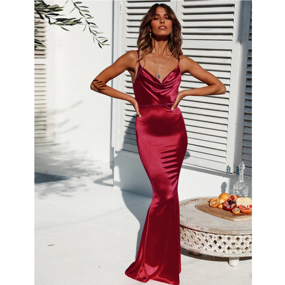 Romagic Green Cowl Neck Evening Dress Backless Long Luxury Stretchy Satin Sexy Burgundy Wedding Party Dresses Summer