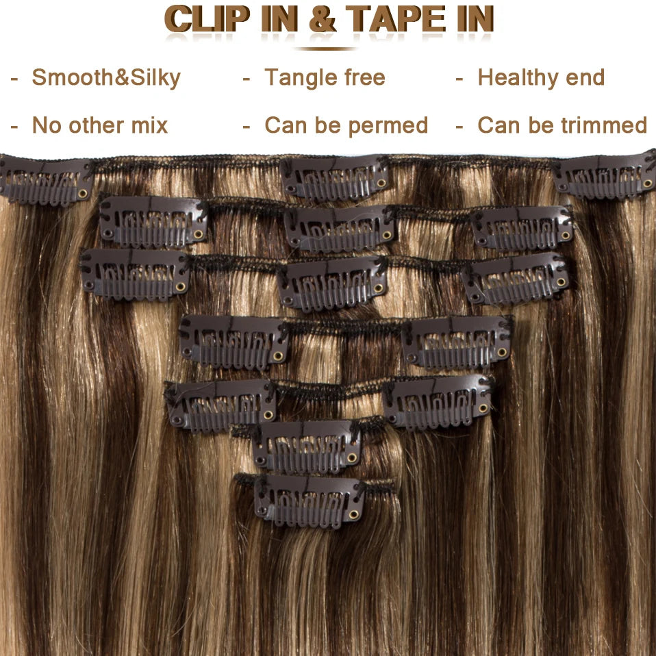 S-noilite 7Pcs/Set Clip In Hair Extensions Human Hair Natural Extension Hair Clips 15"-22" Thin Full Head Clip In Natural Hair