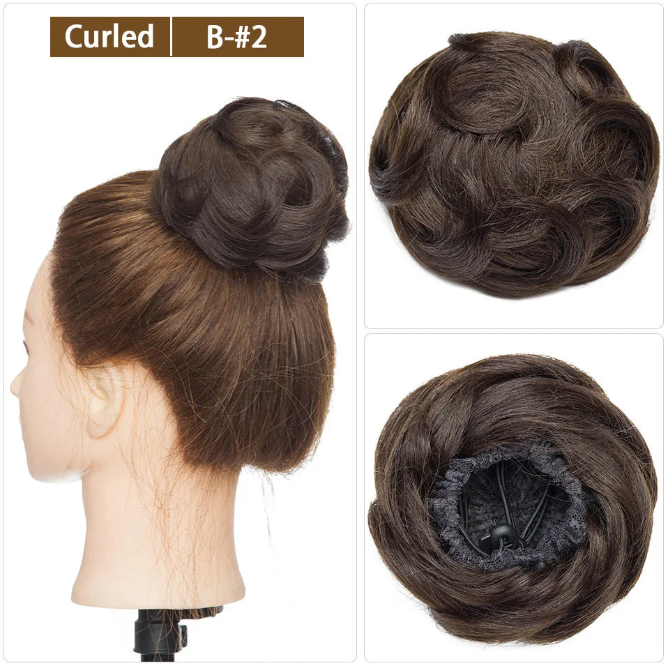 S-noilite 30g Hair Bun Curly Or Straight Chignon 100% Human Hair Donut Hairpiece Brown Blonde Headwear Wrap On Elastic Scrunchie