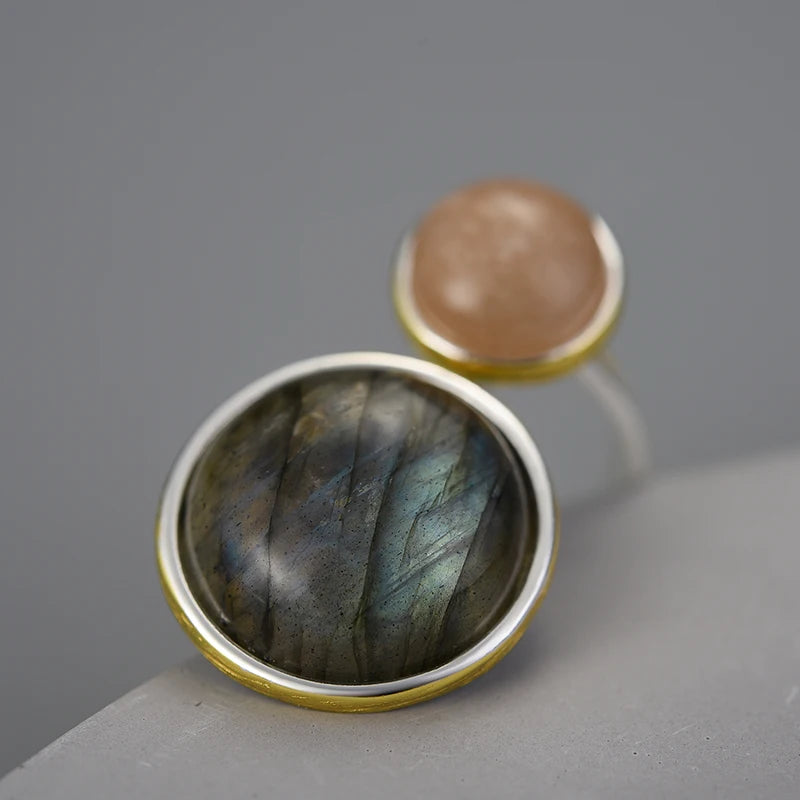Lotus Fun Real 925 Sterling Silver Natural Labradorite Moonlight Gemstones Ring Fine Jewelry Mysterious Lake Rings for Women
