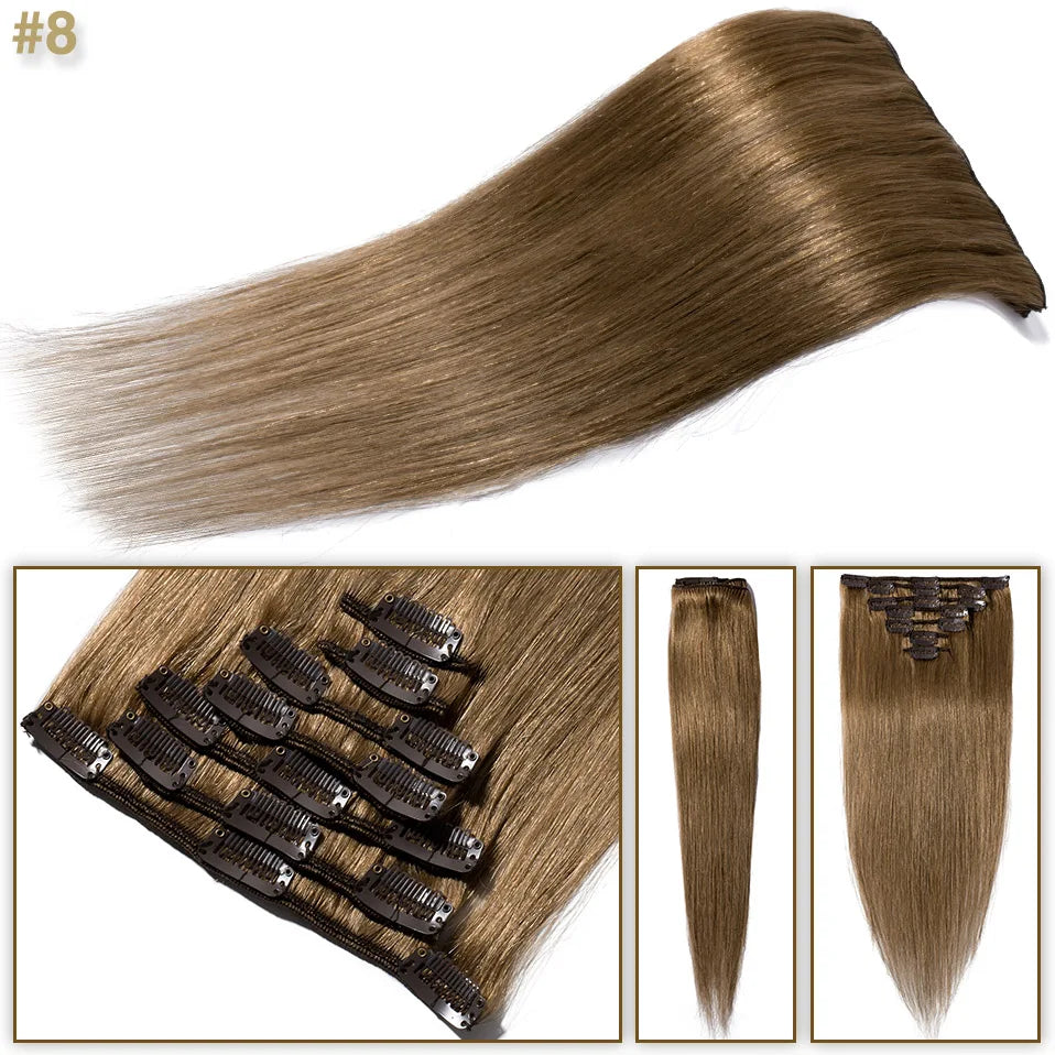 S-noilite 7Pcs/Set Clip In Hair Extensions Human Hair Natural Extension Hair Clips 15"-22" Thin Full Head Clip In Natural Hair
