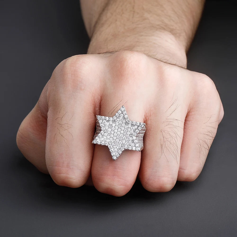 New Iced Out Hexagon Star Rings For Men/Women Micro Paved Gold Silver Color Finish Cubic Zircon Charm Hip Hop Jewelry Ring Gift