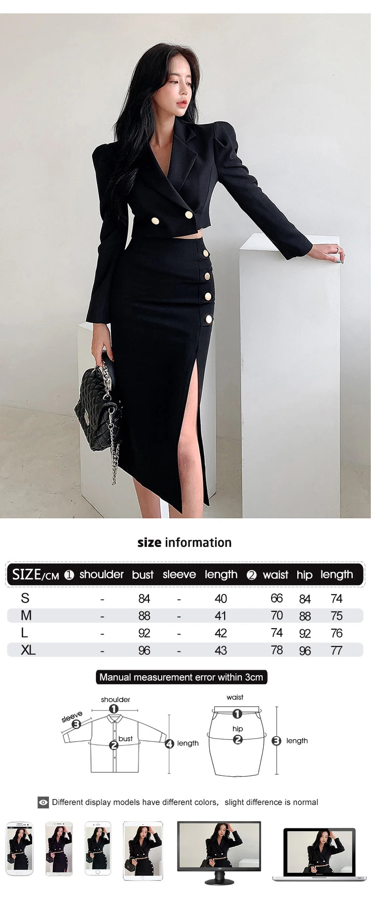 New Spring Autumn Black Formal Sexy 2 Piece Outfit Short Set Women Ladies Clothes Cropped Suit Blazer Coat High Waist Slit Skirt