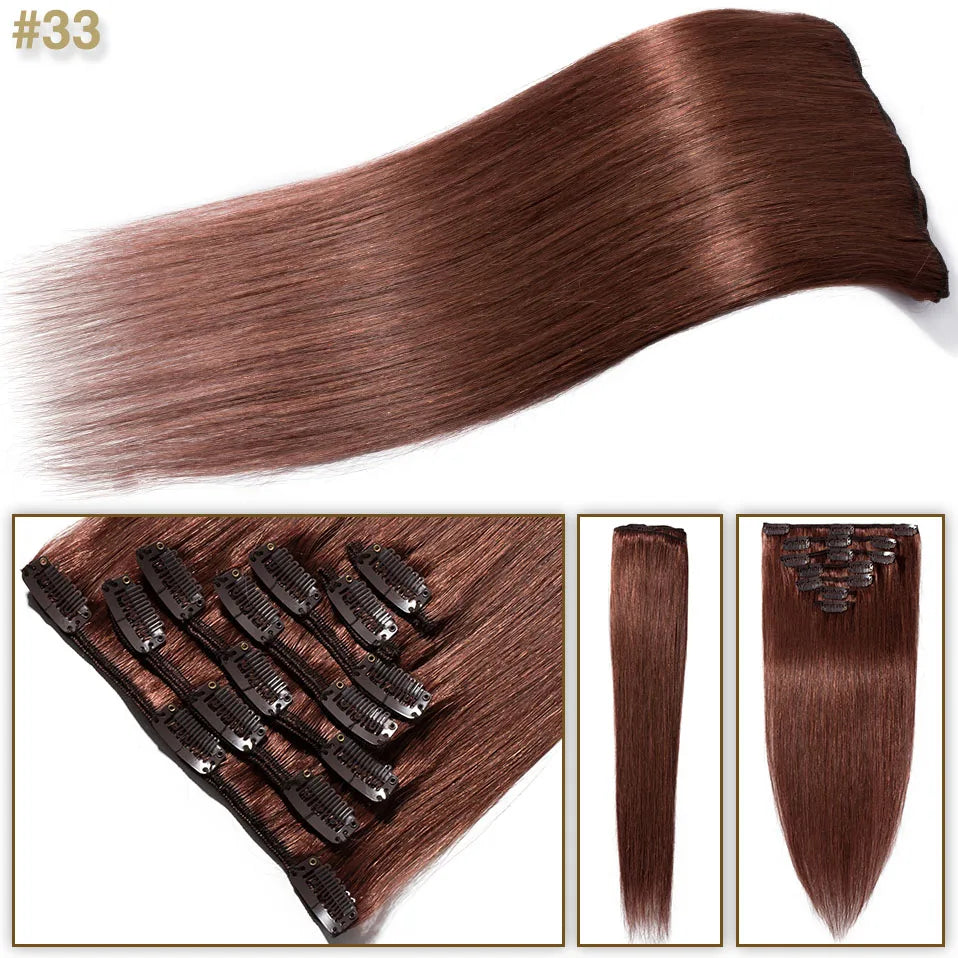 S-noilite 7Pcs/Set Clip In Hair Extensions Human Hair Natural Extension Hair Clips 15"-22" Thin Full Head Clip In Natural Hair
