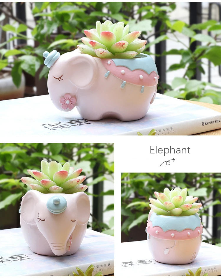 Cartoon Animal Flower Pot for Succulents Cactus Plants, Unicorn Elephant Bear Fairy Garden Figurine, Home Tabletop Decor