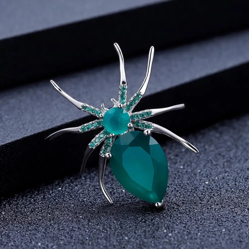 GEM'S BALLET Natural Green Agate Gemstone Brooch 925 Sterling Sliver Handmade Design Spider Brooches For Women Fine Jewelry
