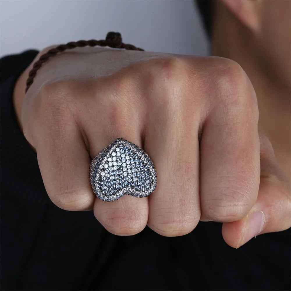 New Red Bule Color Heart Ring Micro Pave Cubic Zircon Round Ring Full Iced Out Bling Hip Hop/Punk Men Women Jewelry For Gifts