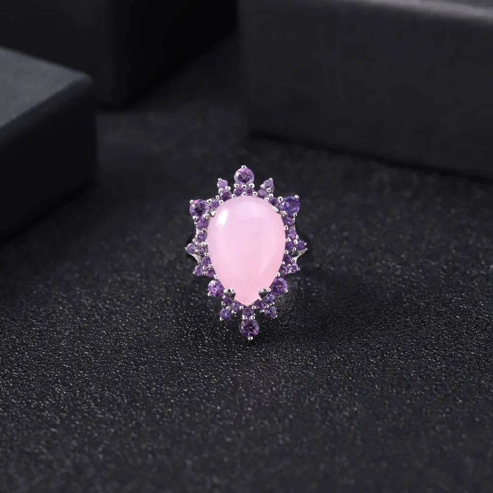 GEM'S BALLET Natural Pink Calcedony Gemstone Ring 925 Sterling Silver Vintage Halo Cocktail  Rings for Women Fine Jewelry