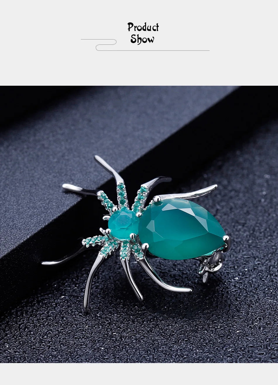 GEM'S BALLET Natural Green Agate Gemstone Brooch 925 Sterling Sliver Handmade Design Spider Brooches For Women Fine Jewelry