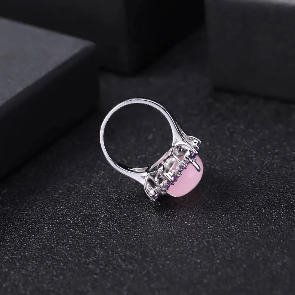 GEM'S BALLET Natural Pink Calcedony Gemstone Ring 925 Sterling Silver Vintage Halo Cocktail  Rings for Women Fine Jewelry