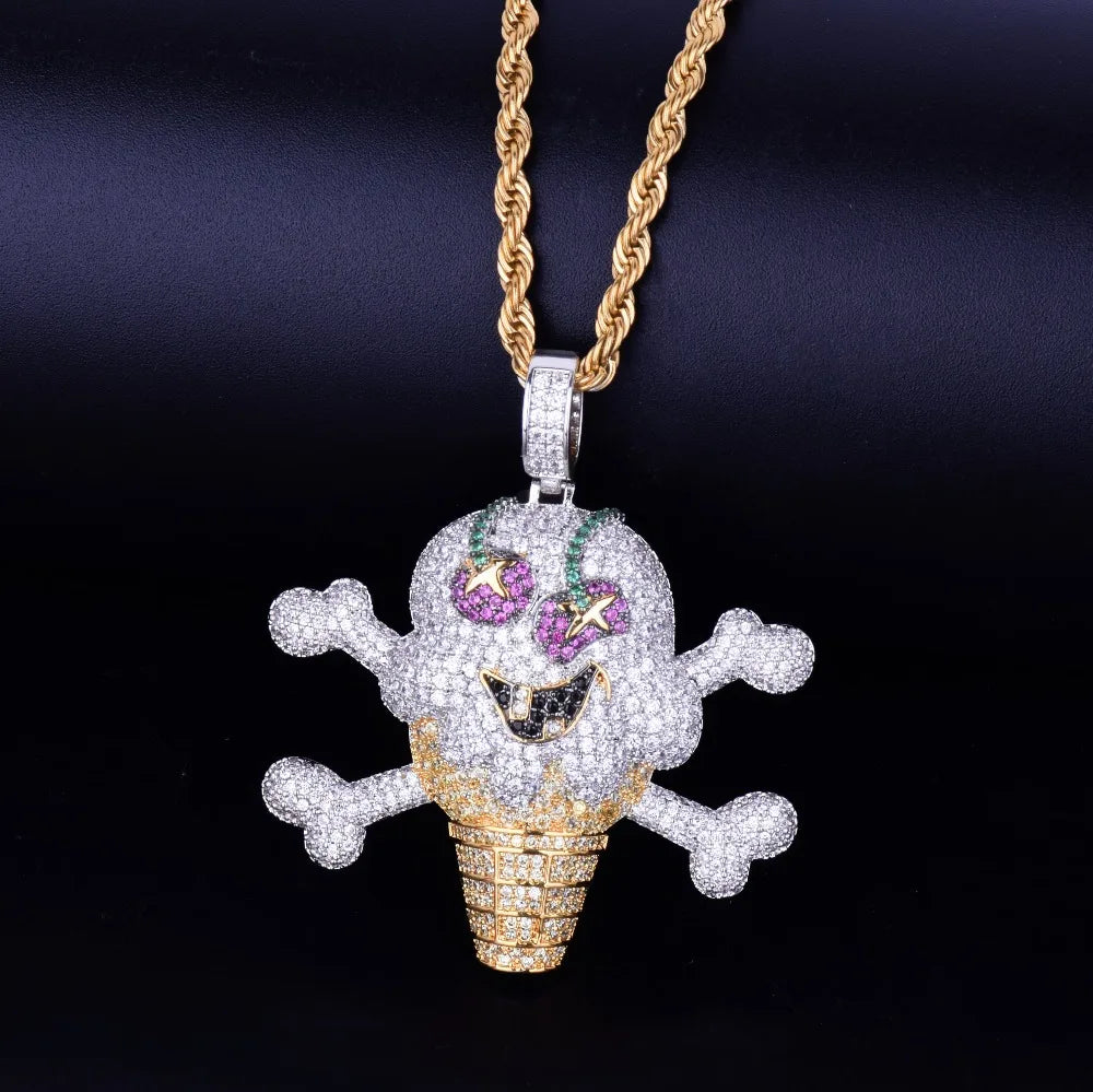 Skull Ice Cream Shape Necklace& Pendant Gold Color AAA Cubic Zircon Men's Hip Hop Jewelry