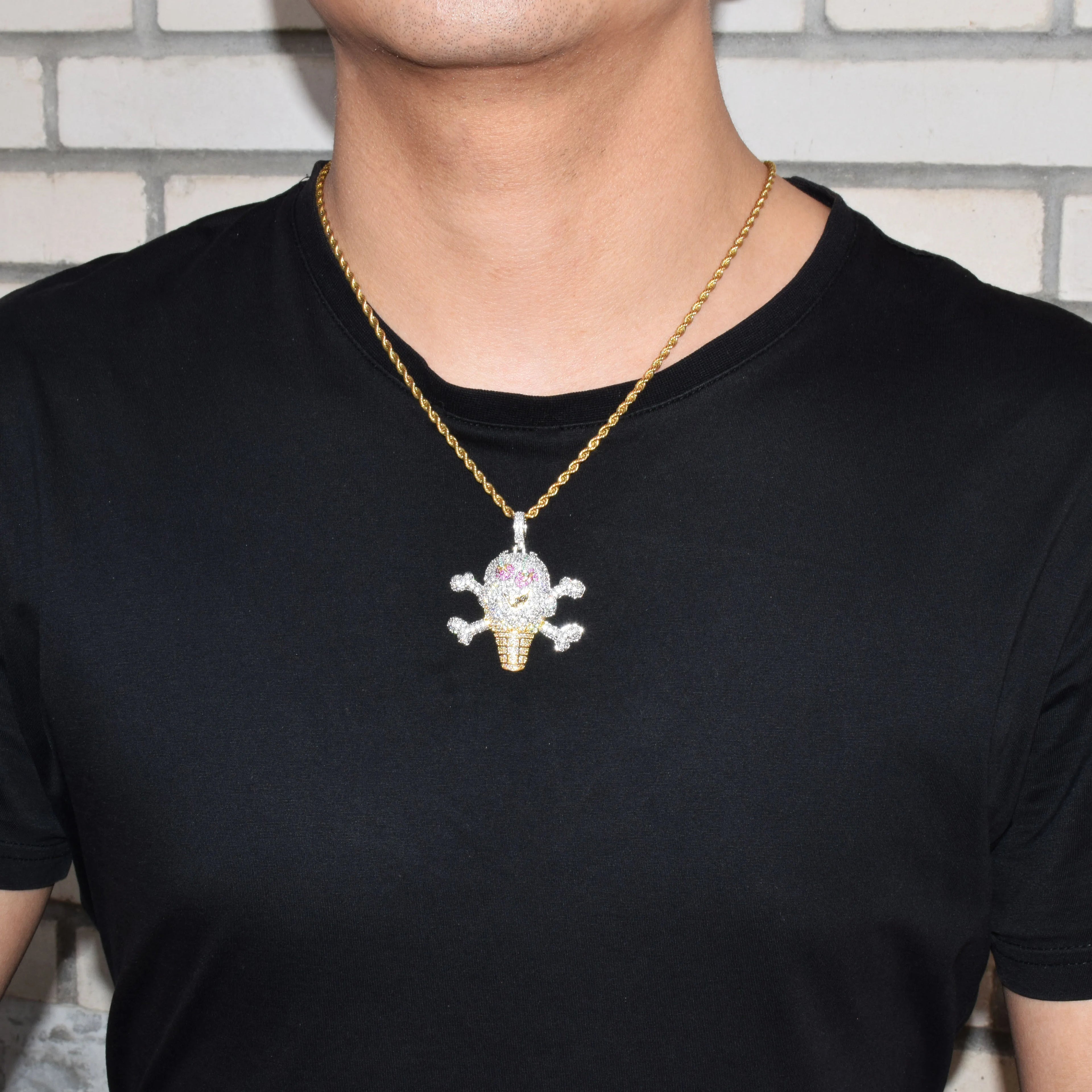 Skull Ice Cream Shape Necklace& Pendant Gold Color AAA Cubic Zircon Men's Hip Hop Jewelry