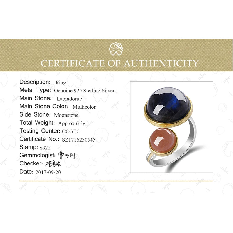 Lotus Fun Real 925 Sterling Silver Natural Labradorite Moonlight Gemstones Ring Fine Jewelry Mysterious Lake Rings for Women