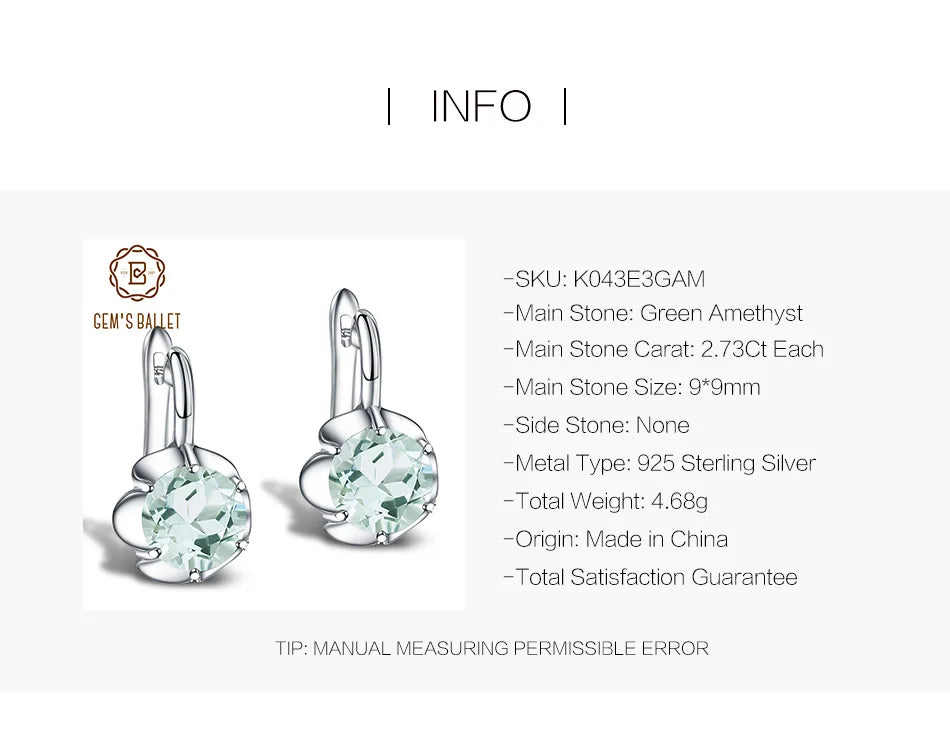 GEM'S BALLET Pure 925 Sterling Silver Fine Jewelry Oval 5.47Ct Natural Green Amethyst Birthstone Stud Earrings For Women