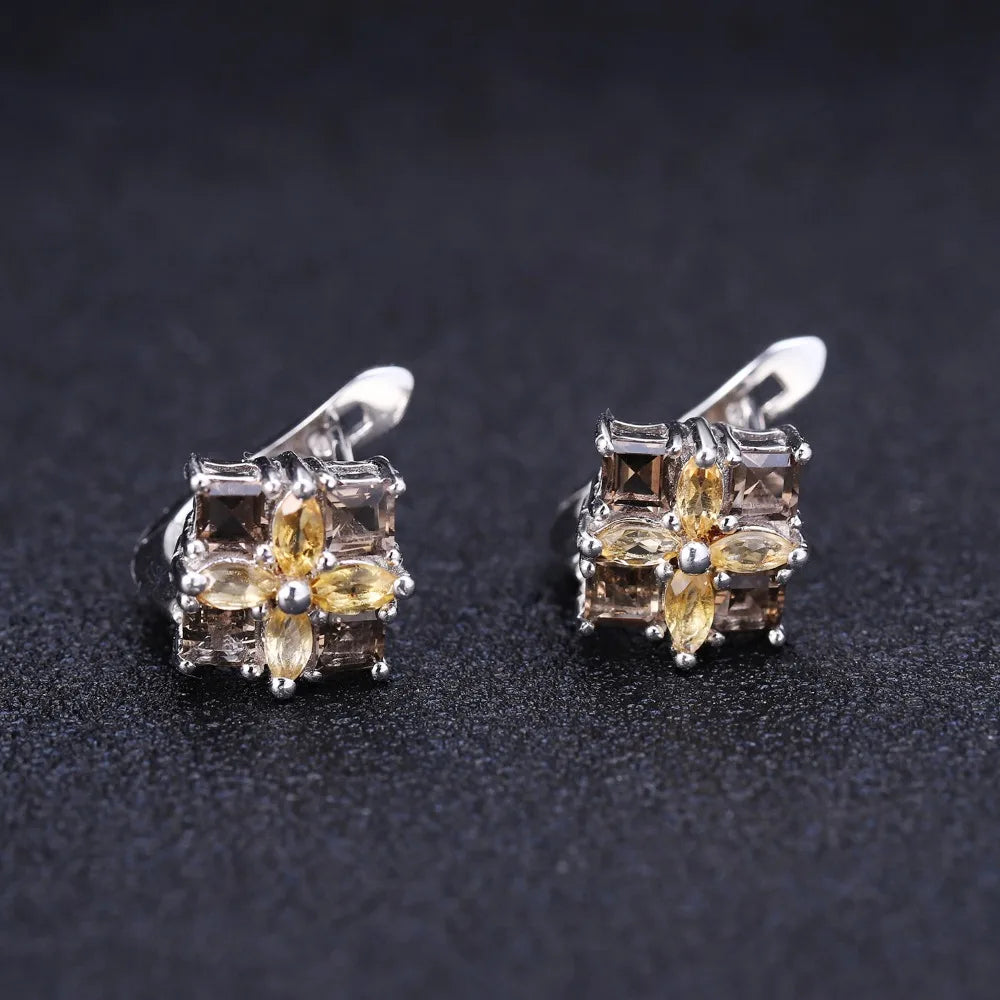 Gem's Ballet Multicolor Natural Citrine Smoky Quartz Earrings 925 Sterling Silver Flower Stud Earrings For Women Fine Jewelry