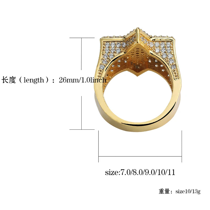 New Iced Out Hexagon Star Rings For Men/Women Micro Paved Gold Silver Color Finish Cubic Zircon Charm Hip Hop Jewelry Ring Gift