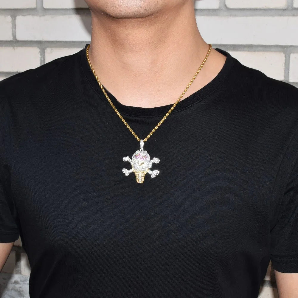 Skull Ice Cream Shape Necklace& Pendant Gold Color AAA Cubic Zircon Men's Hip Hop Jewelry