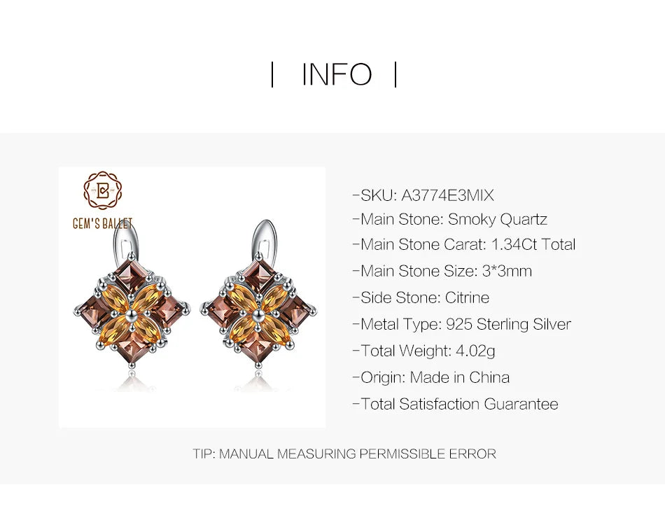Gem's Ballet Multicolor Natural Citrine Smoky Quartz Earrings 925 Sterling Silver Flower Stud Earrings For Women Fine Jewelry