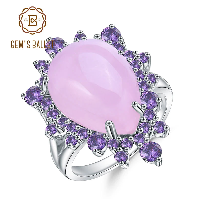 GEM'S BALLET Natural Pink Calcedony Gemstone Ring 925 Sterling Silver Vintage Halo Cocktail  Rings for Women Fine Jewelry
