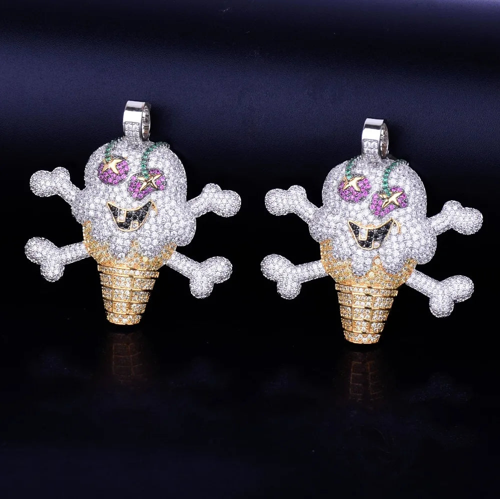 Skull Ice Cream Shape Necklace& Pendant Gold Color AAA Cubic Zircon Men's Hip Hop Jewelry
