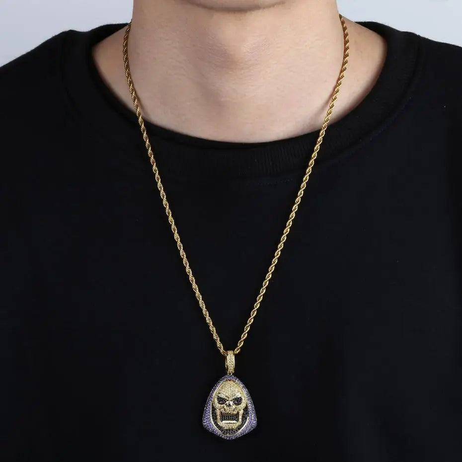 New Fashion Iced Out Skeletor Pendant Necklace With Tennis Chain Copper Hip Hop Gold Silver Color Mens/Women Charm Chain Jewelry